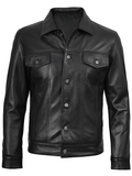 Fernando Men’s Black Trucker Leather Jacket – Front View | NSM Jackets