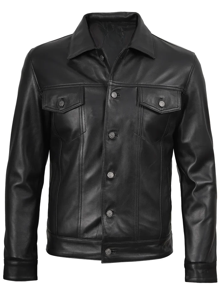 Fernando Men’s Black Trucker Leather Jacket – Front View | NSM Jackets