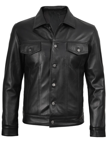 Fernando Men’s Black Trucker Leather Jacket – Front View | NSM Jackets