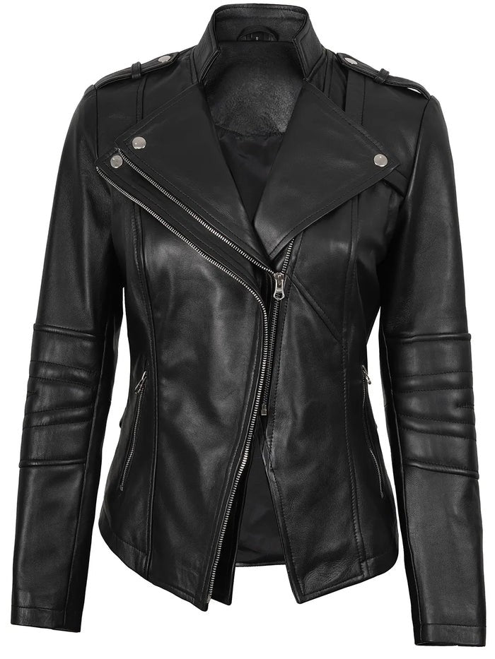 Women’s Monica Black Asymmetrical Leather Jacket – Front View