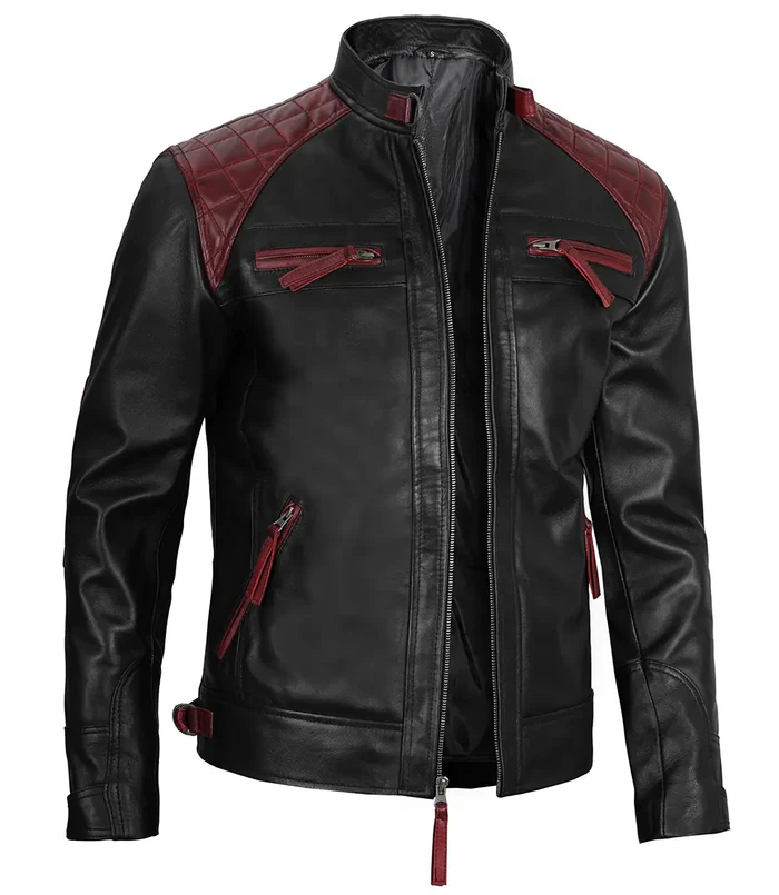 Men’s Black & Red Leather Café Racer Jacket – Front Zip View