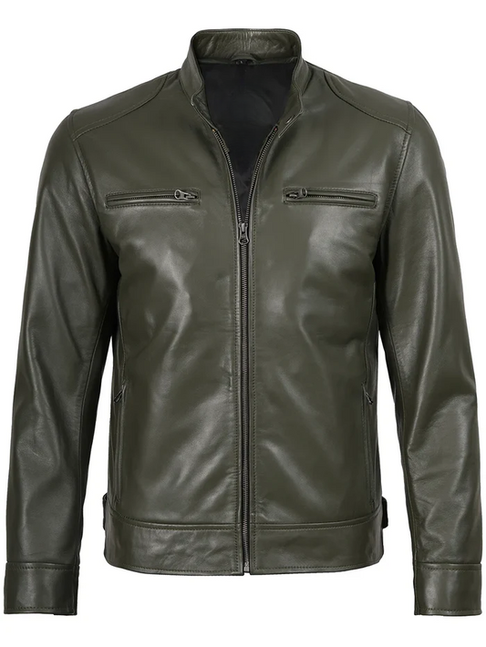 Dodge Men's Green Cafe Racer Leather Jacket - Front Open View