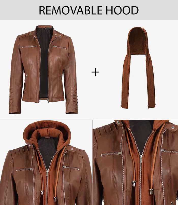 Nova Women's Tan Brown Hooded Biker Leather Jacket - Features View
