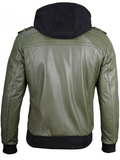 Men’s Military Green Hooded Leather Bomber Jacket – Back View | NSM Jackets