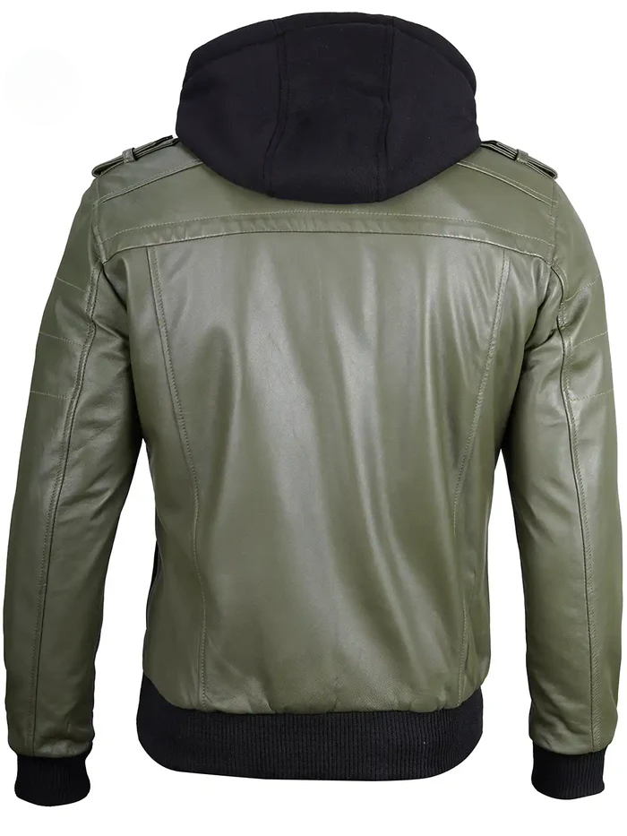 Men’s Military Green Hooded Leather Bomber Jacket – Back View | NSM Jackets