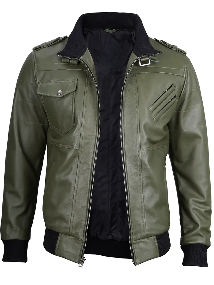 Men’s Military Green Hooded Bomber Leather Jacket – Front View | NSM Jackets