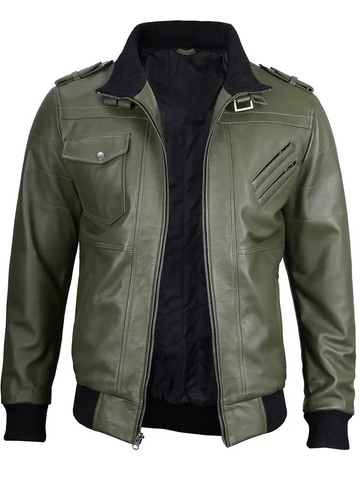 Men’s Military Green Hooded Bomber Leather Jacket – Front View | NSM Jackets