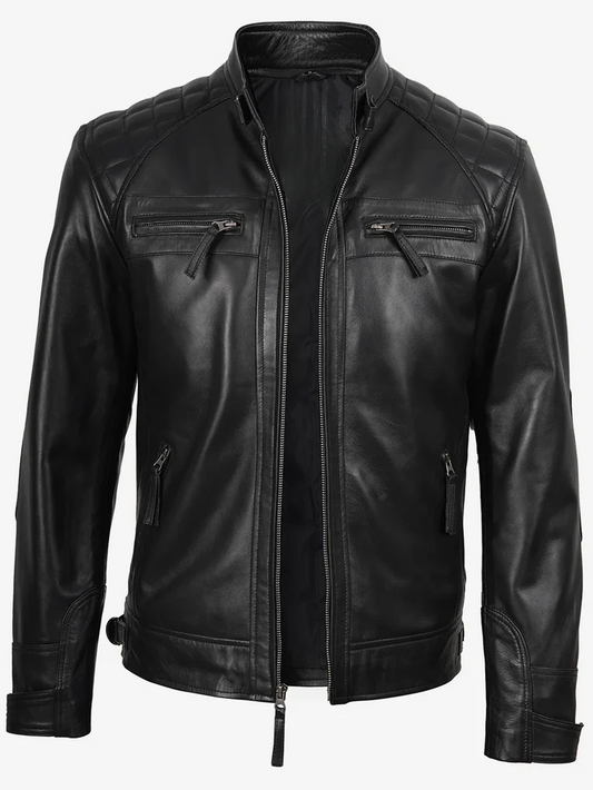 Johnson Men's Black Quilted Biker Leather Jacket - Side View