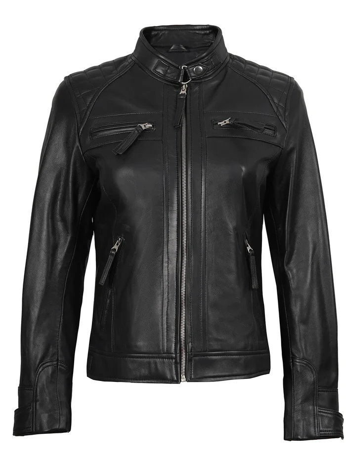 Johnson Women's Black Quilted Biker Leather Jacket - Back View