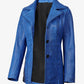 Marsha blue leather car coat, 3/4 length silhouette on model