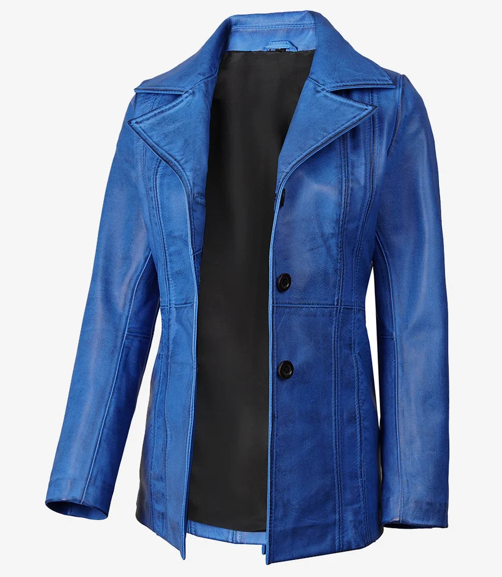 Marsha blue leather car coat, 3/4 length silhouette on model