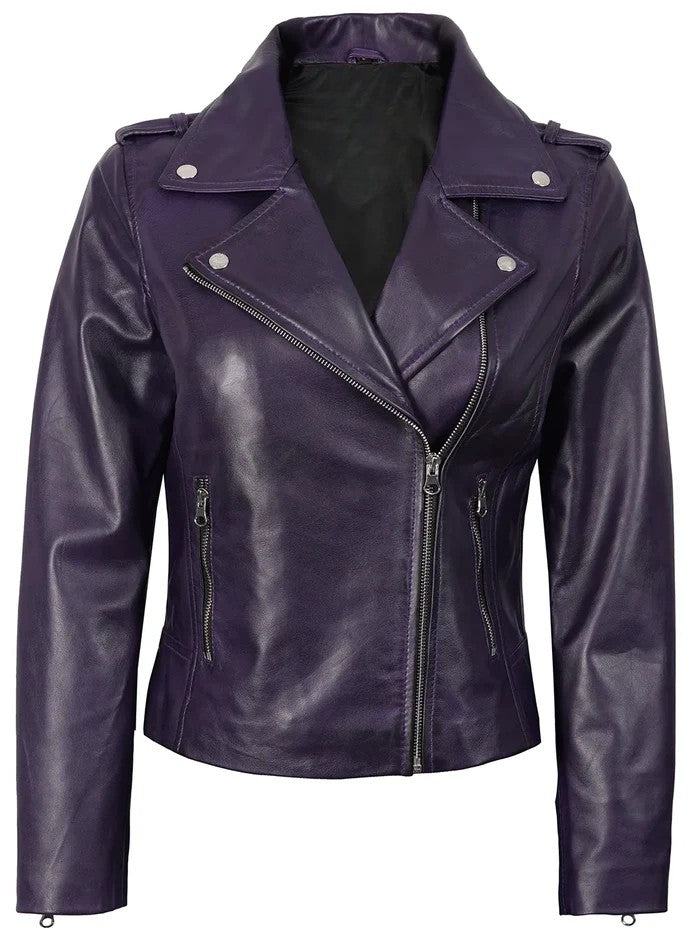 Women’s Purple Motorcycle Leather Jacket – Front View