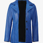 Blue leather 3/4 length car coat for women, close front view