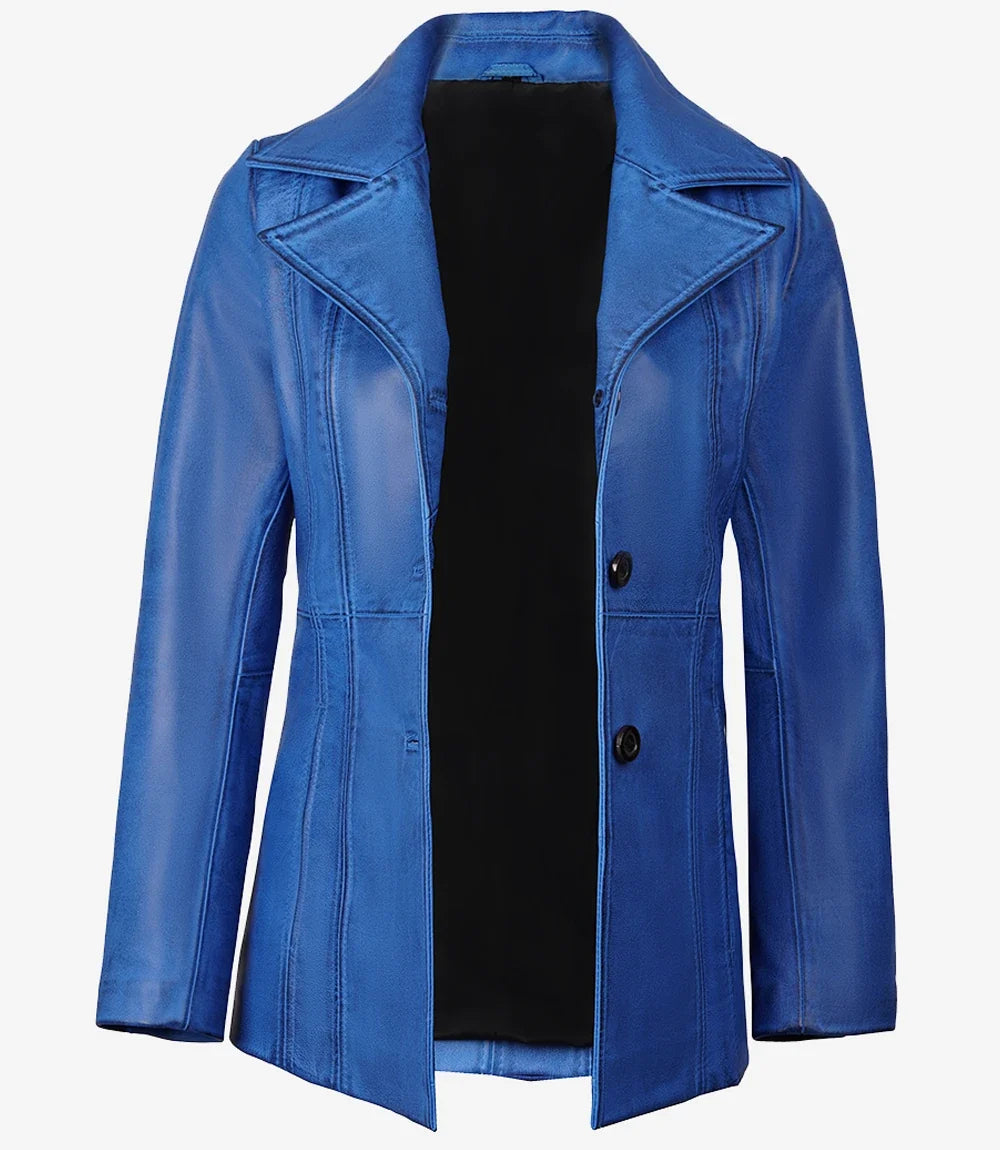 Blue leather 3/4 length car coat for women, close front view