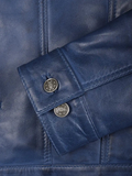 Close-up of Button and Stitch Detailing – Blue Leather Trucker Jacket | NSM Jackets