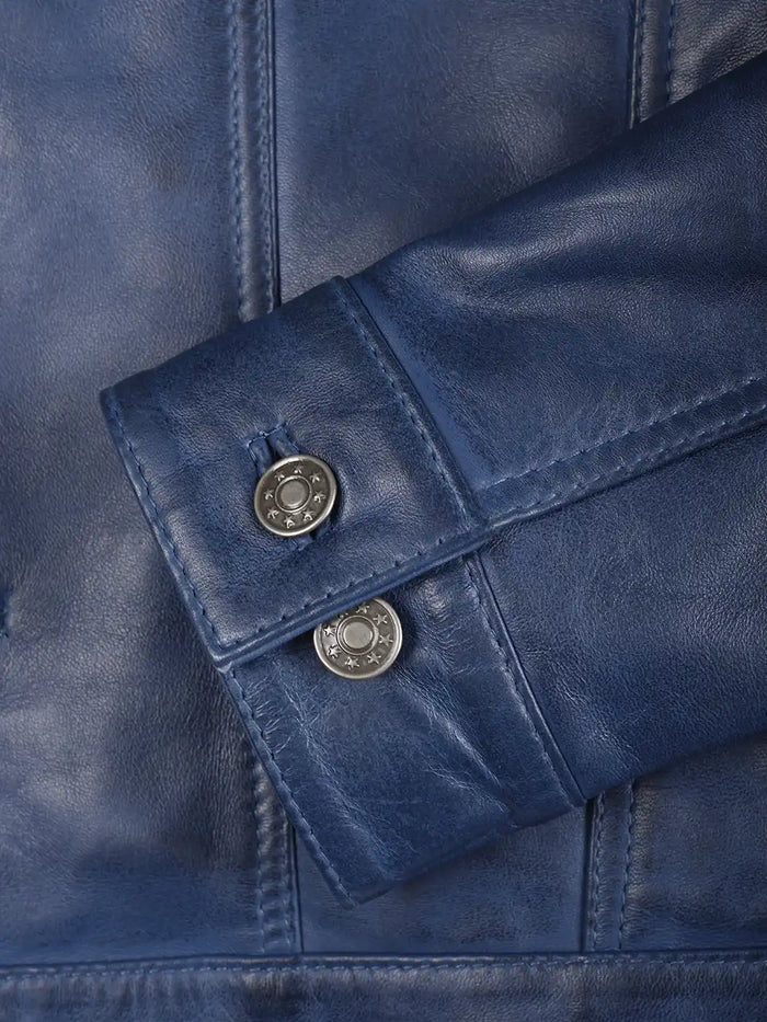 Close-up of Button and Stitch Detailing – Blue Leather Trucker Jacket | NSM Jackets