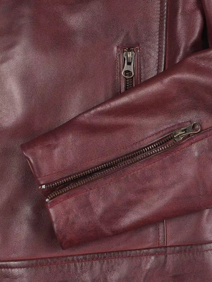 Merlot Men's Maroon Cafe Racer Leather Jacket - Side View