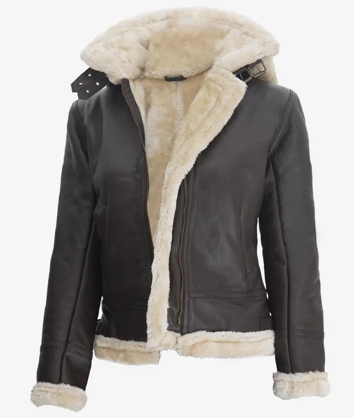 Ivory Women's Dark Brown Hooded Shearling Leather Jacket - Detail View
