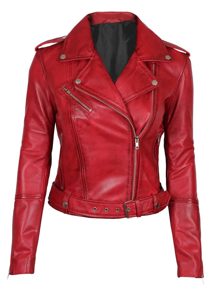 Women’s Red Leather Biker Jacket – Front View