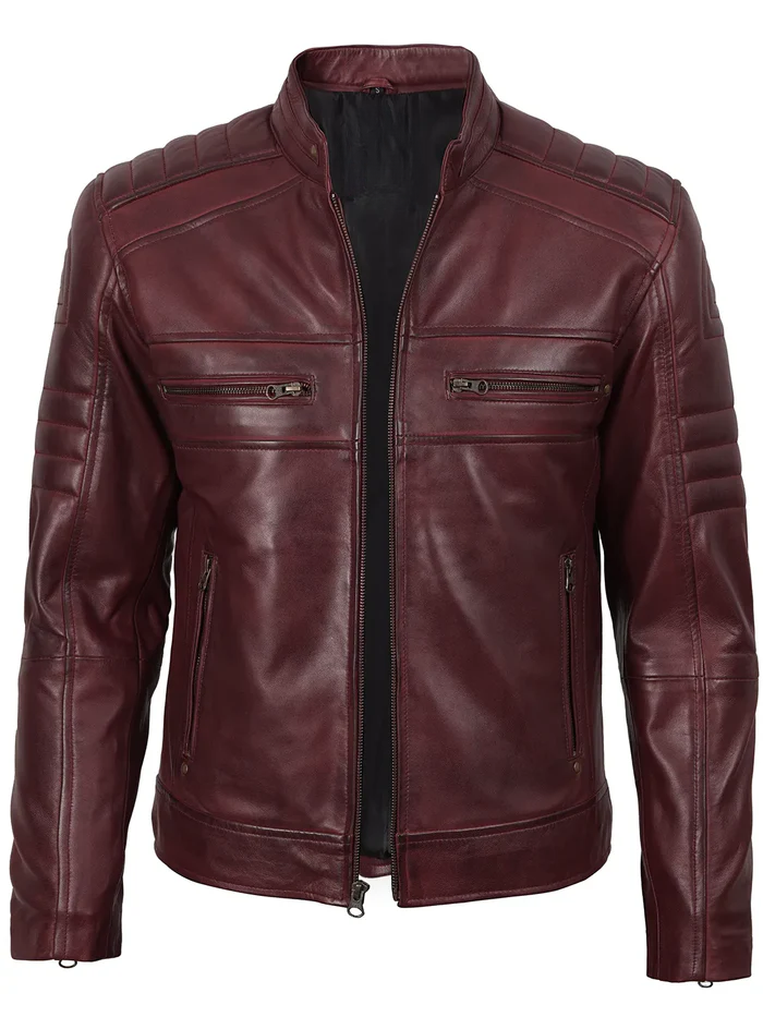 Merlot Men's Maroon Cafe Racer Leather Jacket - Front View