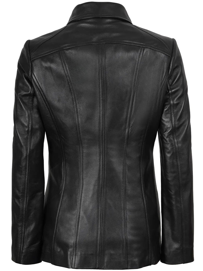 Marsha Women's Black Leather Car Coat Jacket - Side View