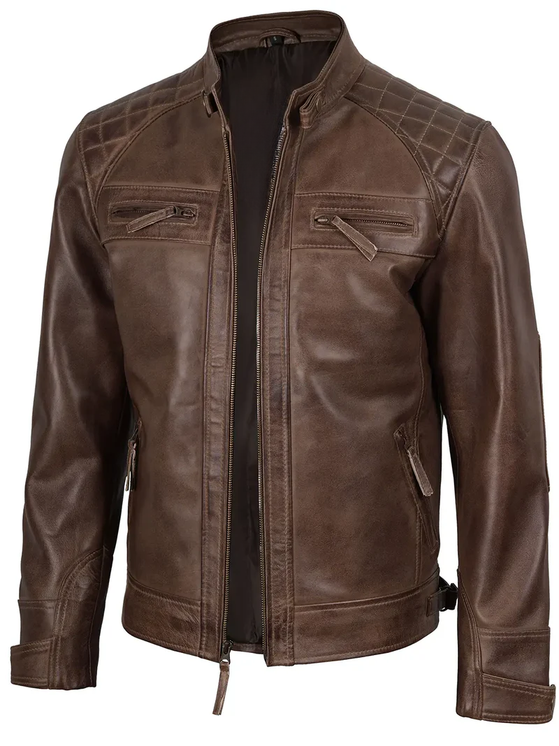 Cacao Men's Chocolate Brown Cafe Racer Leather Jacket - Side View