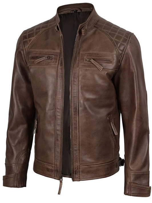 Cacao Men's Chocolate Brown Cafe Racer Leather Jacket - Side View