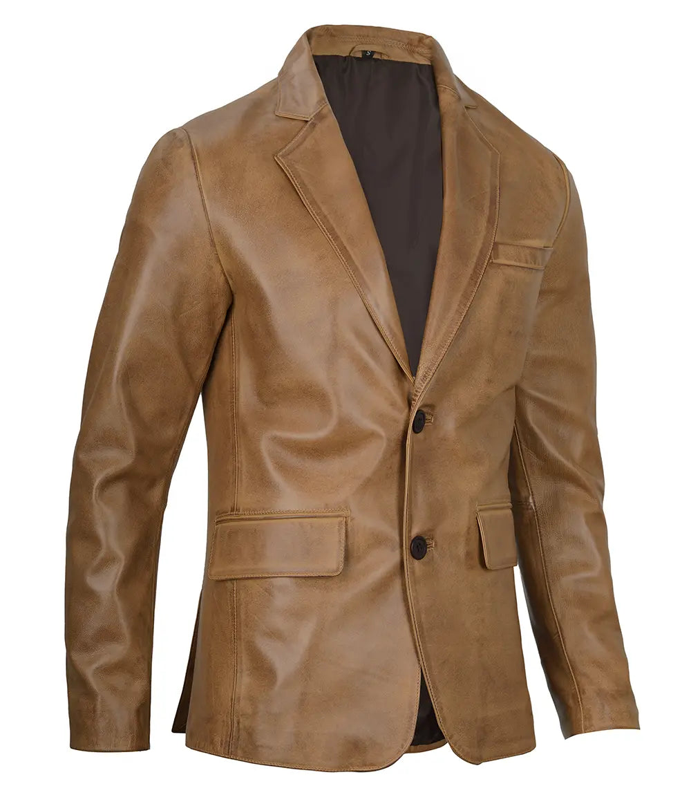 Duke camel leather blazer for men, left and right side pose