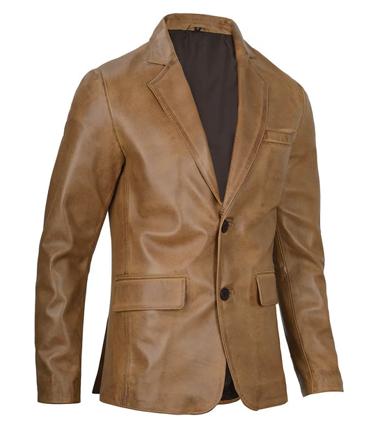 Duke camel leather blazer for men, left and right side pose