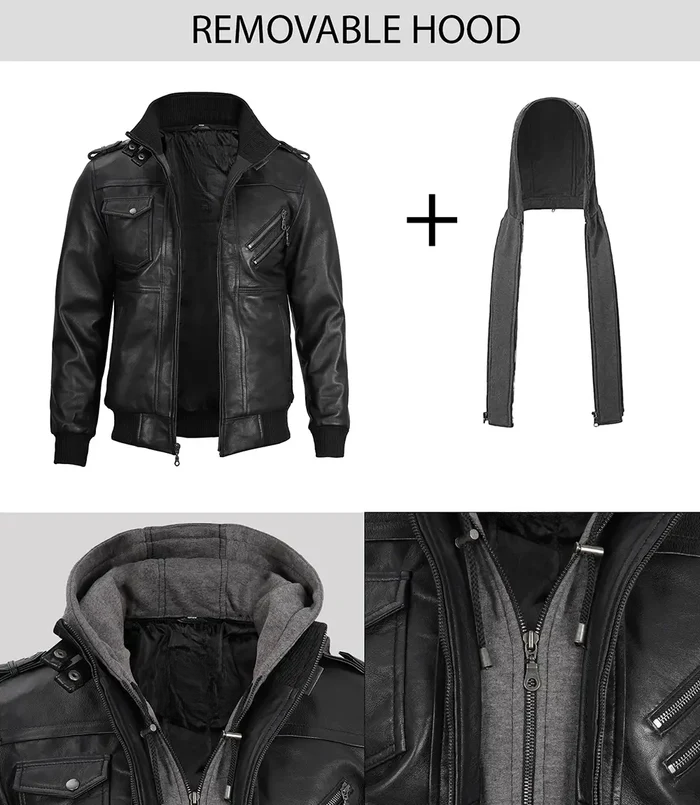 Black Bomber Real Leather Jacket – Hood Detached View | NSM Jackets
