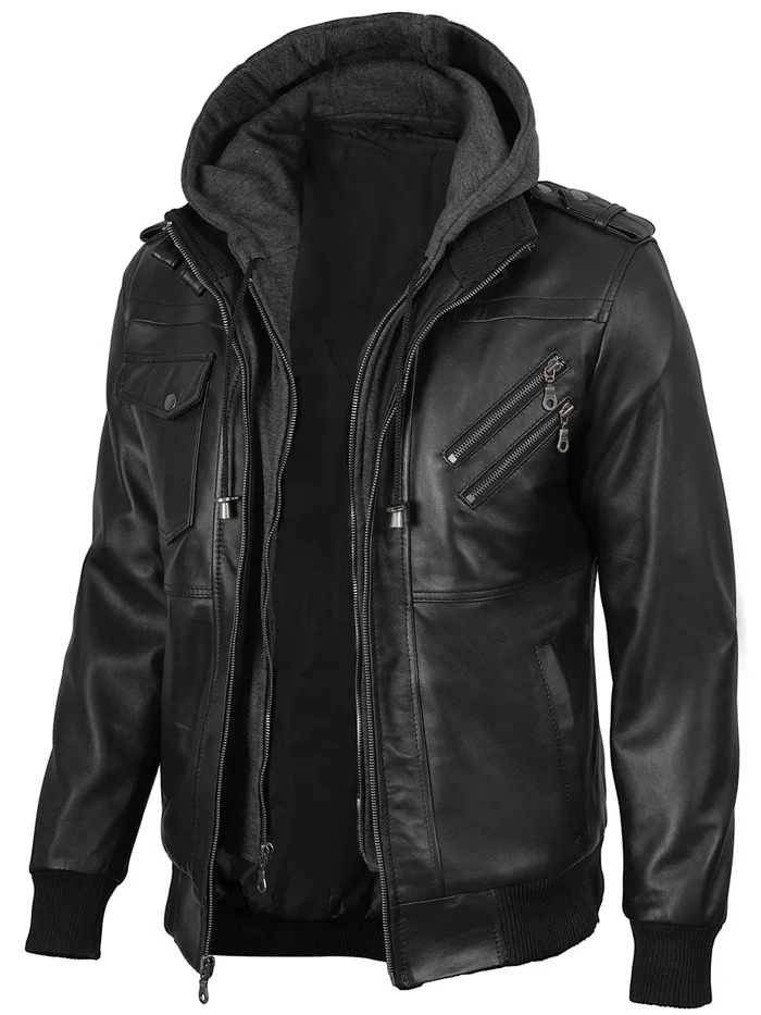 Titan Men's Black Hooded Leather Bomber Jacket - Front Open View