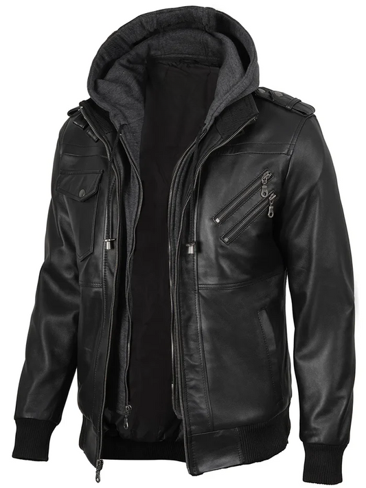 Titan Men's Black Hooded Leather Bomber Jacket - Front Open View