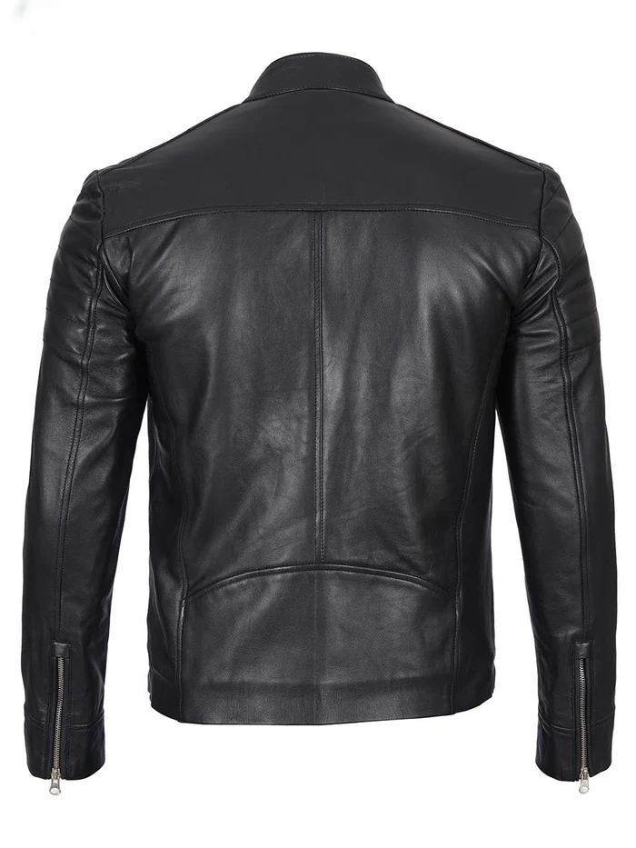 Nero Men's Black Cafe Racer Leather Jacket - Detail View