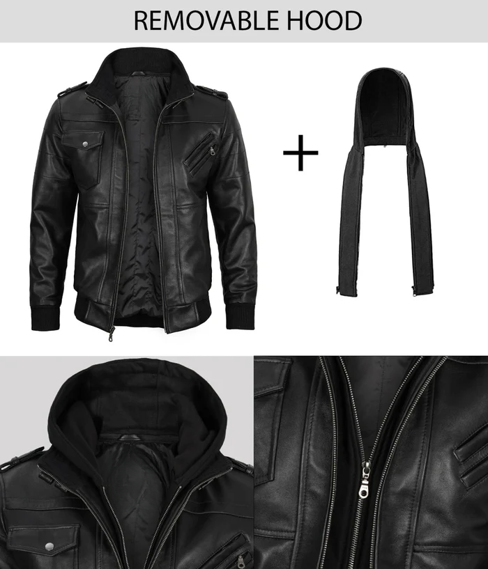 Storm Men's Black Hooded Bomber Leather Jacket - Hood Detail View