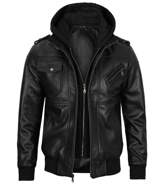 Storm Men's Black Hooded Bomber Leather Jacket - Front View