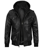 Storm Men's Black Hooded Bomber Leather Jacket - Front View