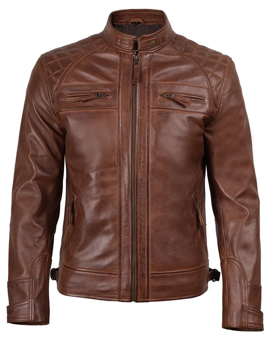 Ranger Men's Cognac Brown Quilted Biker Leather Jacket - Detail View