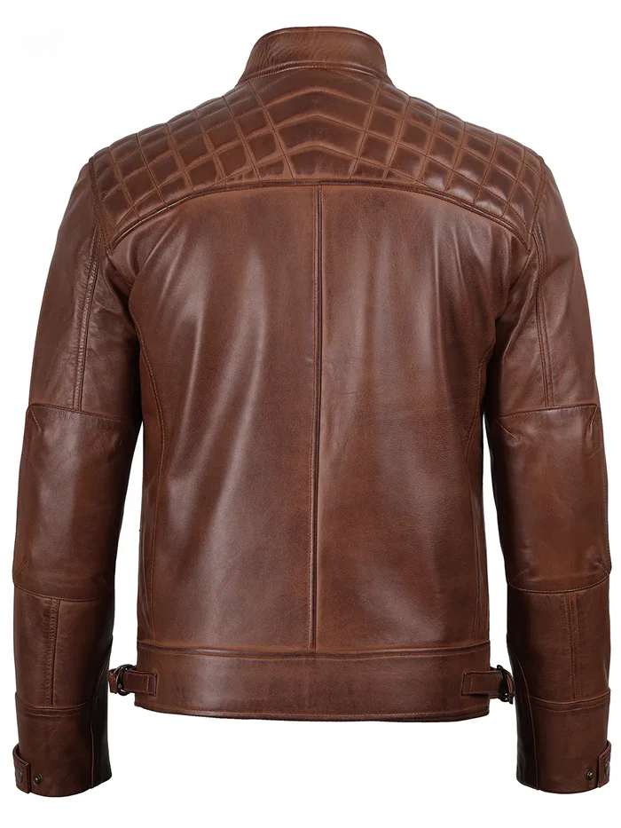 Ranger Men's Cognac Brown Quilted Biker Leather Jacket - Front View