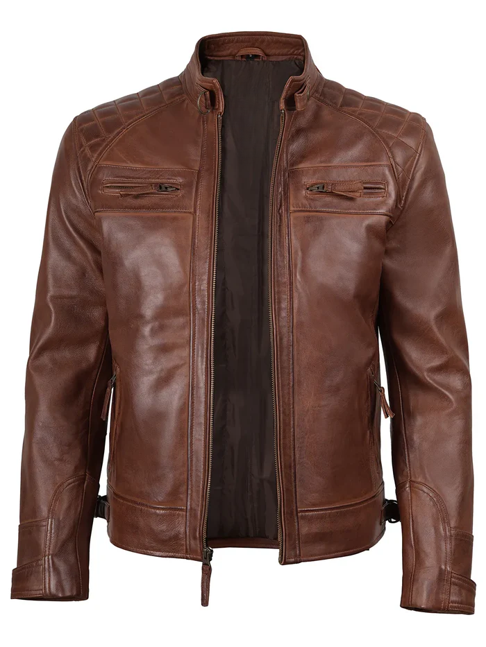 Ranger Men's Cognac Brown Quilted Biker Leather Jacket - Front Open View