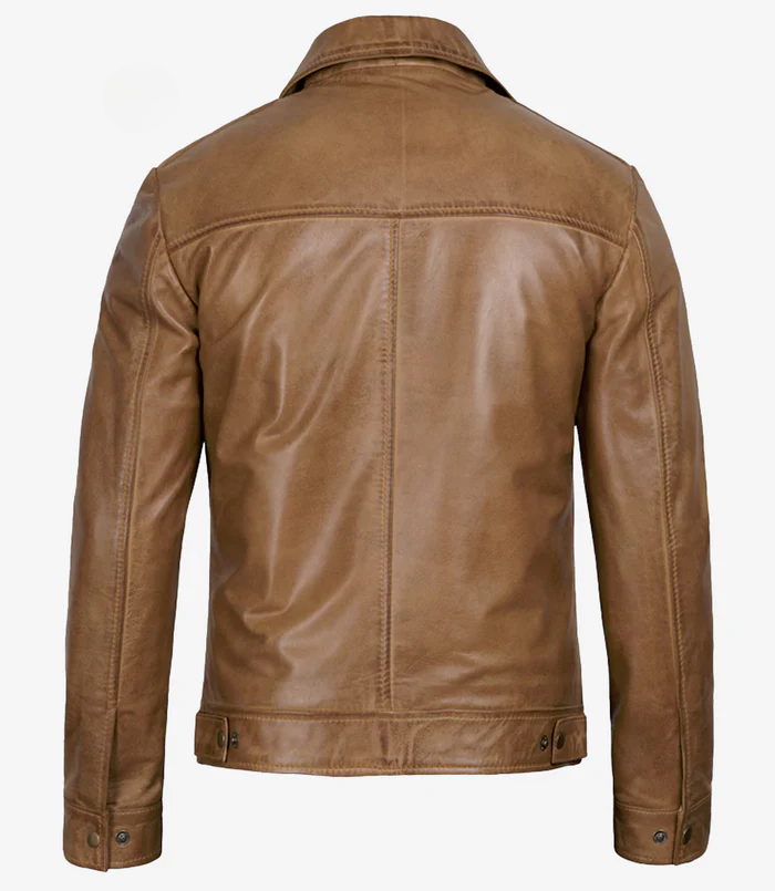 Men’s Camel Real Leather Harrington Jacket – Front View