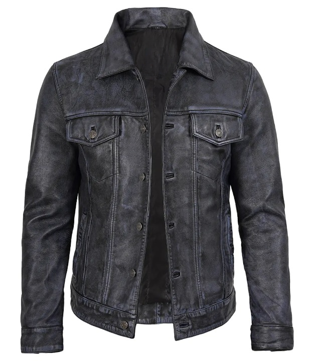 Outlaw Men's Black Washed Leather Trucker Jacket - Front View