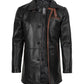 Chester men's black leather coat, brown trim close-up detail