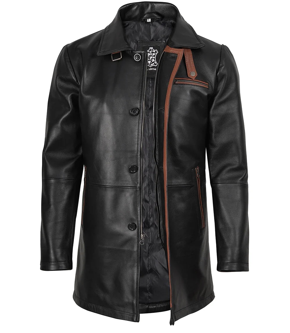 Chester men's black leather coat, brown trim close-up detail