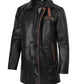 Men's black leather coat with brown trim detailing, front view