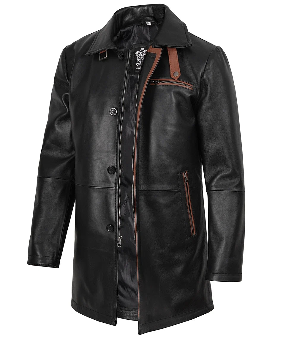Men's black leather coat with brown trim detailing, front view