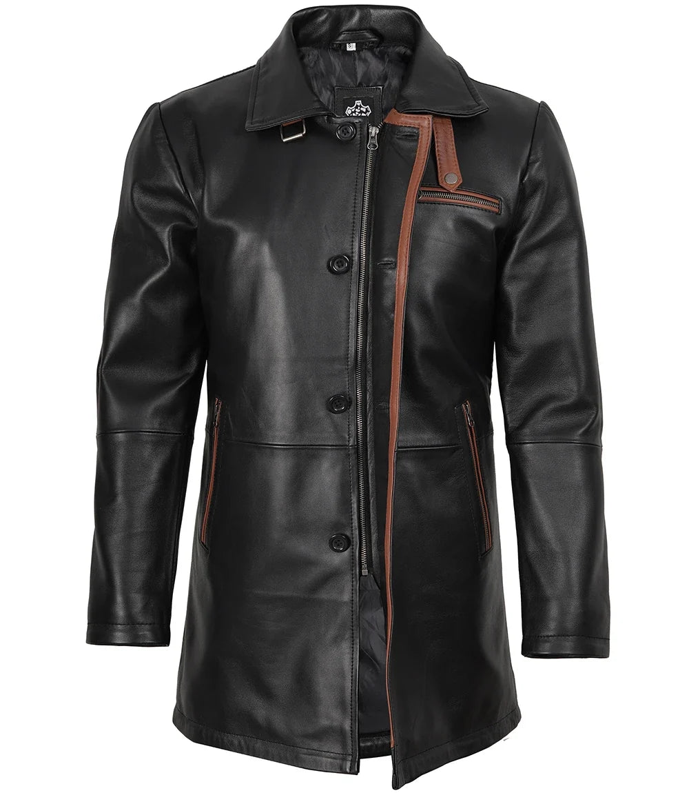 Chester men's black leather coat, front view