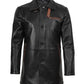 Men's black lambskin leather coat with brown trim, open front view