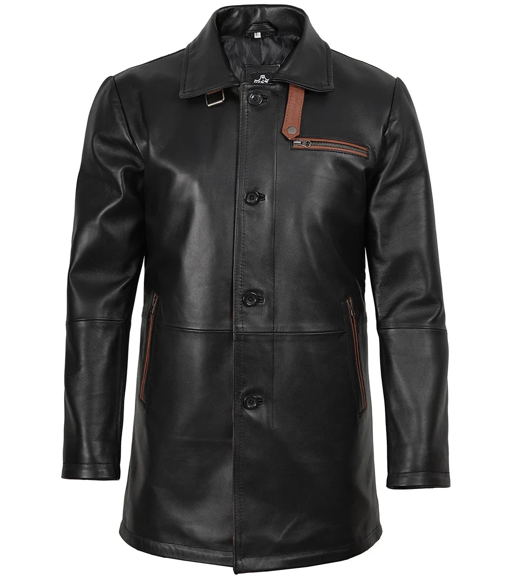 Men's black lambskin leather coat with brown trim, open front view