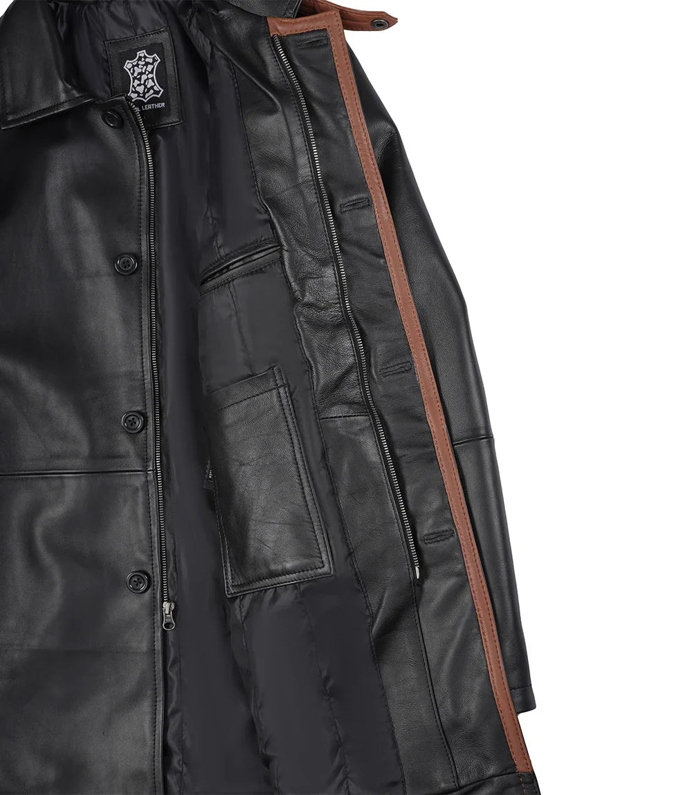 Men's black real lambskin leather coat, full front view