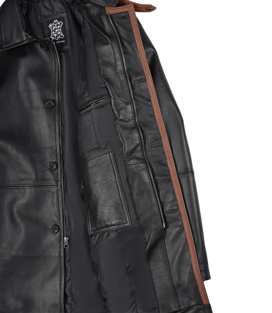 Men's black real lambskin leather coat, full front view